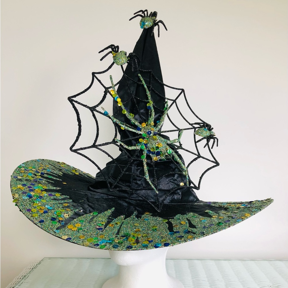 WITCH HAT Black satin green Sparkles crawling with spiders & Lg web 1 Of a kind - Picture 16 of 16